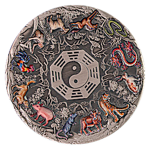 2022 5 oz Tuvalu Twelve Lunar Animals Antique-Coloured Silver Coin