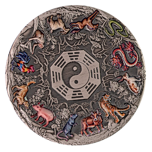 2022 5 oz Tuvalu Twelve Lunar Animals Antique-Coloured Silver Coin