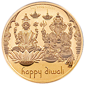 1 oz Australian Diwali Medallion Gilded Silver Coin - Lakshmi and Ganesha Design - (Pre-owned in Good Condition)