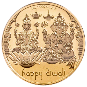 1 oz Australian Diwali Gilded Silver Medallion - Lakshmi and Ganesha Design
