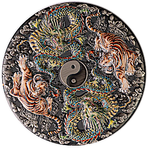 2023 5 oz Tuvalu Double Dragon and Double Tiger with Yin and Yang Antique-Finished Silver Coin