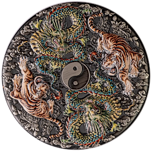 2023 5 oz Tuvalu Double Dragon and Double Tiger with Yin and Yang Antiqued-Finish Silver Coin