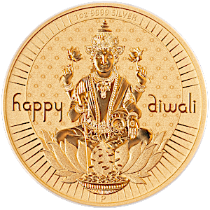 1 oz Australian Diwali Gilded Silver Medallion - Lakshmi Holding Lotus Flower