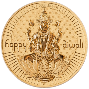 1 oz Australian Diwali Gilded Silver Medallion - Lakshmi Holding Lotus Flower