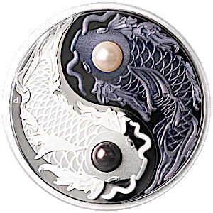 2024 5 oz Tuvalu Yin and Yang colourized Koi with pearl inserts Silver Coin