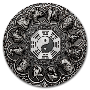 2019 5 oz Tuvalu Twelve Lunar Animals Antiqued Silver Coin (With Box & COA)