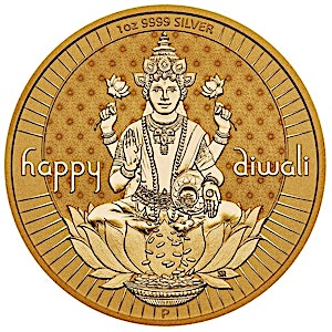 1 oz Australian Diwali Gilded Silver Medallion - Lakshmi Holding Lotus Flower