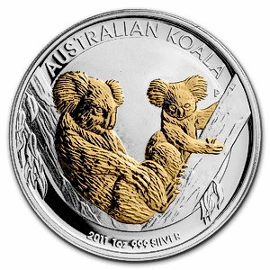 2011 1 oz Australian Silver Gilded Koala Bullion Coin (Pre-Owned in Good Condition)