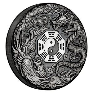 2019 2 oz Tuvalu Dragon and Phoenix Antique-Finished Silver Coin (With Box & COA)