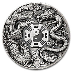 2019 5 oz Tuvalu Dragon and Phoenix Antique-Finished Silver Coin (With Box & COA)