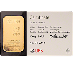 100 Gram UBS Swiss Gold Bullion Bar (Pre-Owned in Good Condition)