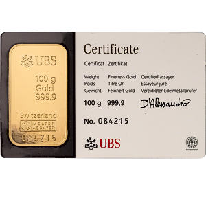 100 Gram UBS Swiss Gold Bullion Bar (Pre-Owned in Good Condition)