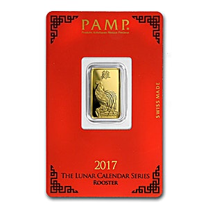 PAMP Lunar Series 2017 Gold Bar - Year of the Rooster - 5 g PAMP Lunar Series 2017 Gold Bar - Year of the Rooster - 5 g