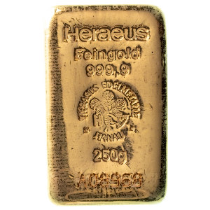 250 Gram Heraeus Cast Gold Bullion Bar