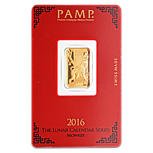PAMP Lunar Series 2016 Gold Bar - Year of the Monkey - 5 g