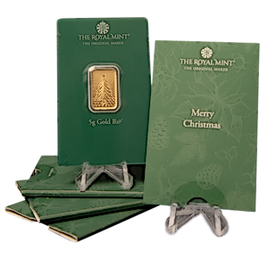5 pcs of 5 gram Royal Mint Gold Christmas Bullion Bars - Total 25 grams Gold