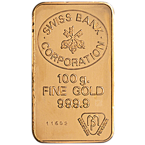 Swiss Bank Corporation Gold Bar - Circulated in good condition - 100 g