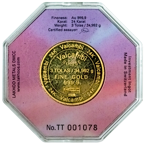 3 Tola Valcambi Swiss Gold Bullion Bar Round (Pre-Owned in Good Condition)