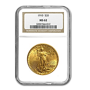 1910 US $20 St. Gaudens Double Eagle Gold Coin - Graded MS 62 by NGC - 30.09 Gram