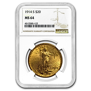 1914 US $20 St. Gaudens Double Eagle Gold Coin - Graded MS 64 by NGC - 30.09 Grams of Gold
