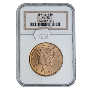 1891 US Liberty Gold Double Eagle Gold Coin - Graded MS 62 by NGC - 0.9675 oz