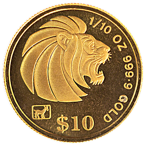 1991 1/10 oz Singapore Gold Lion Bullion Coin