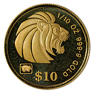 1995 1/10 oz Singapore Gold Lion Bullion Coin