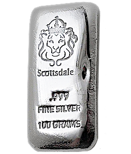 100 Gram Scottsdale Mint Cast Silver Bullion Bar (Pre-Owned in Good Condition)