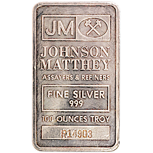 100 oz Johnson Matthey Silver Bullion Bar - Pressed & Serial Numbered