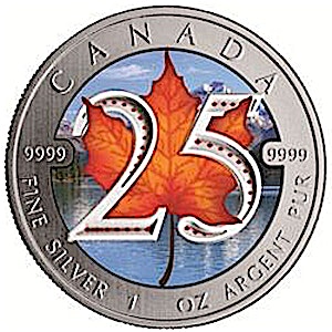 2013 1 oz Canadian Maple Leaf Coloured Silver Coin - 25th Anniversary Edition (Pre-Owned in Good Condition)