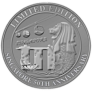 1 oz Singapore 50th Anniversary Silver Medallion - Merlion With Marina Bay Sands and Cable Car Design