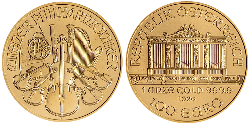 The two sides of the gold Philharmonic coins.