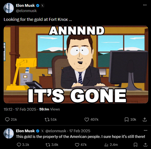 Screenshot of a post by Elon Musk about Fort Knox gold.