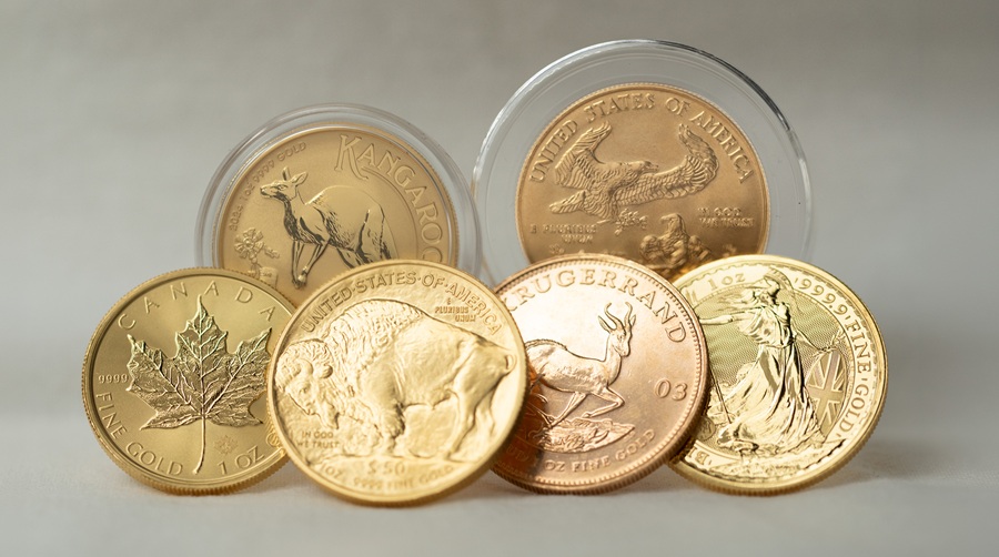 A mix of gold bullion coins.