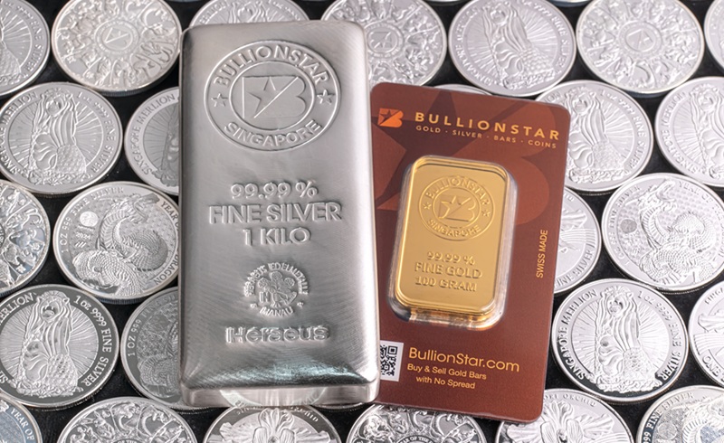 Gold and silver bars and rounds.