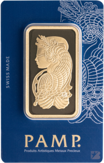 A PAMP gold bullion bar in its protective blister pack