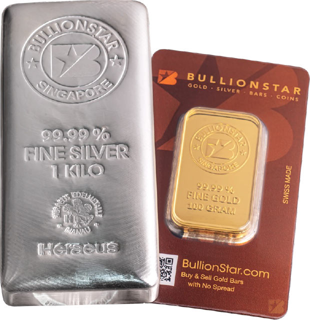 BullionStar No-Spread Silver and Gold bullion bars