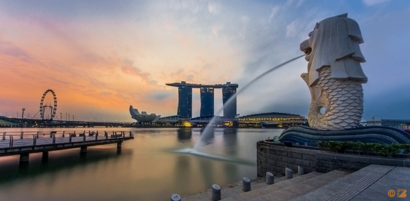 Singapore skyline with Singapore’s famous Merlion statue