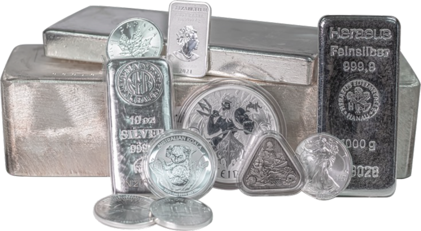 Silver bullion bars and coins