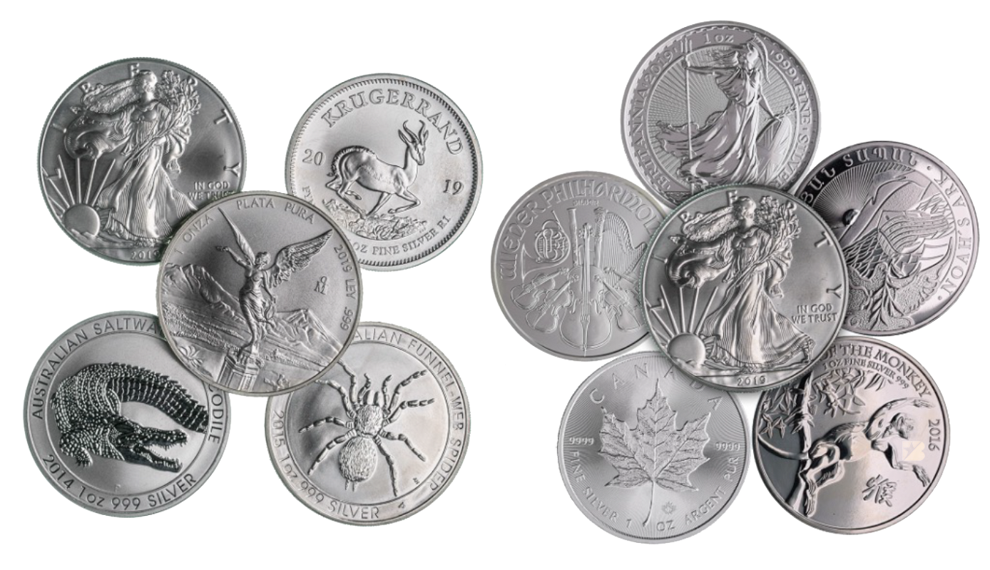 An assortment of popular silver bullion coins from around the world