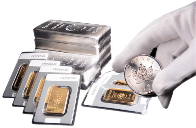 Heraeus Gold, Silver bars and Silver Maple coin