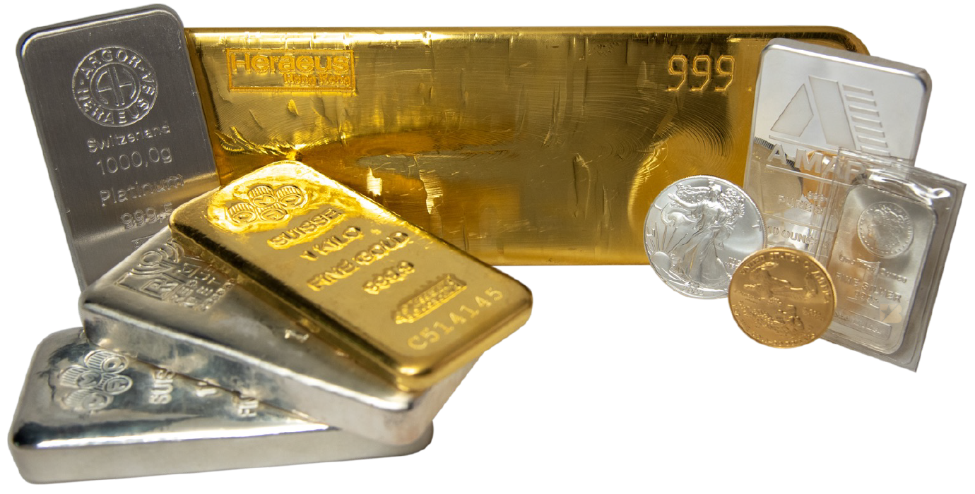 Mixed Gold, Silver and Platinum bullion bars and coins