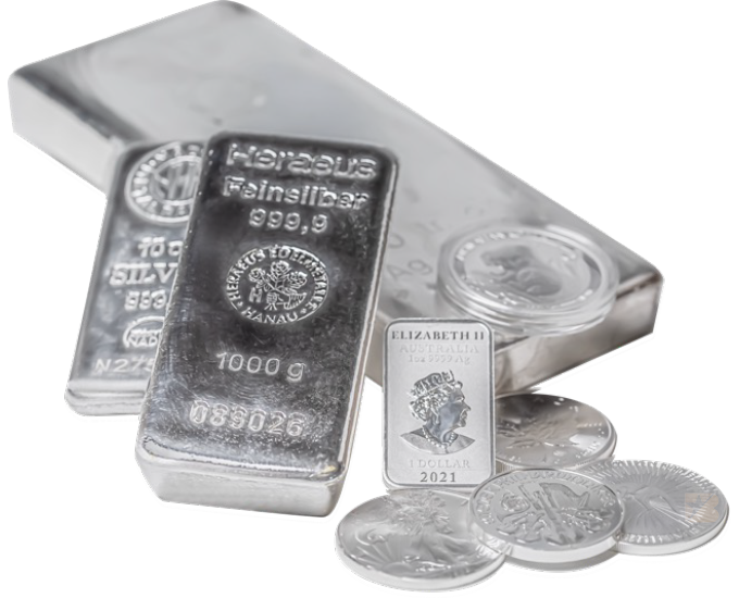 Silver bullion bars and coins