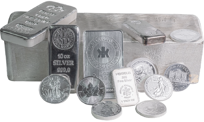 An assortment of silver bullion bars and coins