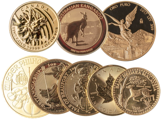 An assortment of gold bullion coins from around the world